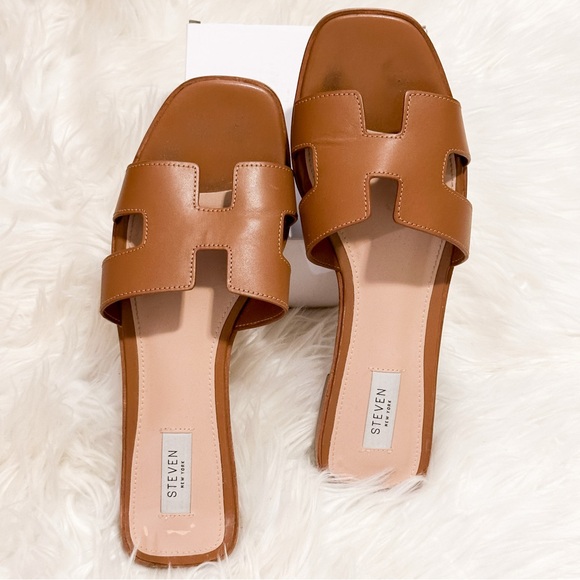 Steve Madden HADYN COGNAC LEATHER Brown Slide Sandals - Picture 6 of 9